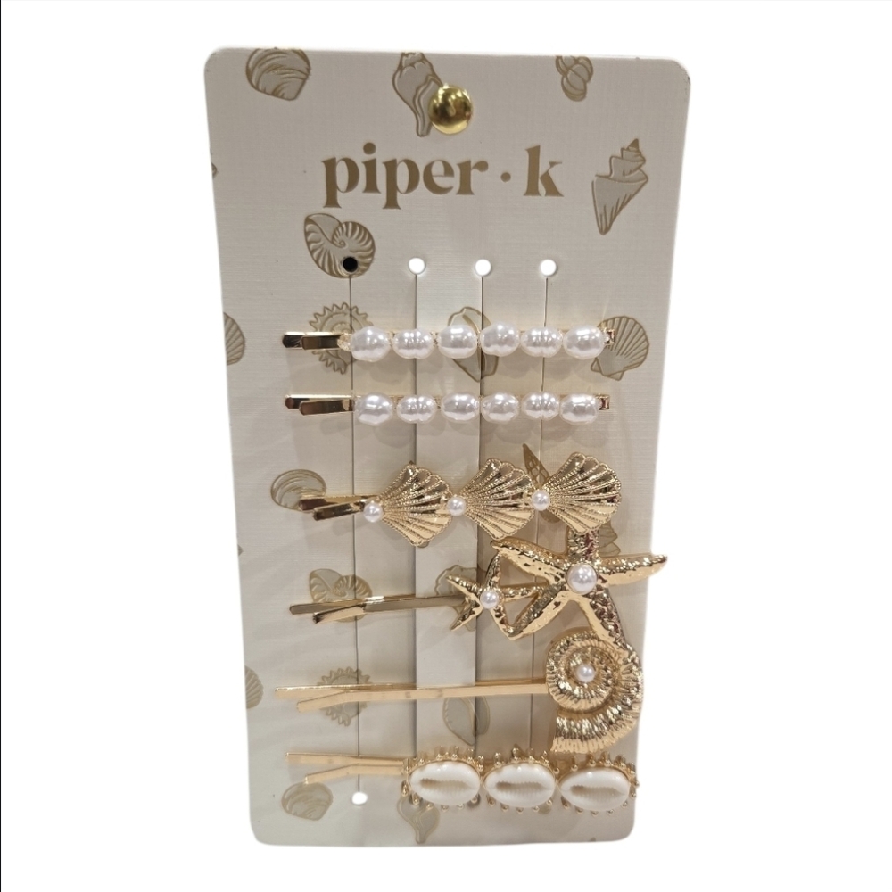 💛▪️Piper K ▪️Gold and White Hair Clip Set Of 6 Nautical Goldtone Clips